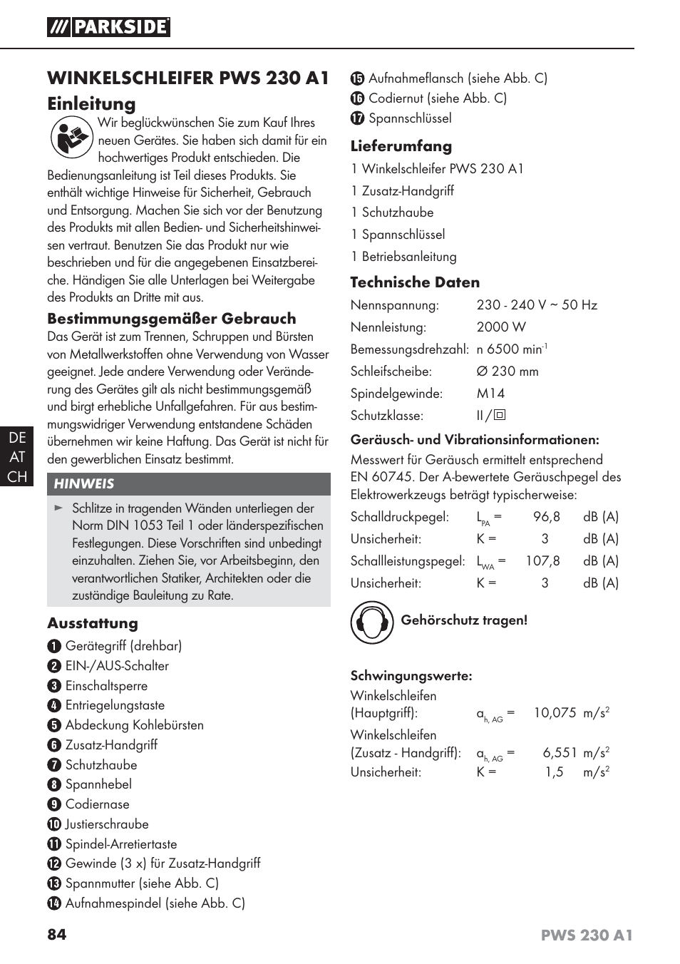 Winkelschleifer pws 230 a1 einleitung | Parkside PWS 230 A1 User Manual | Page 88 / 101