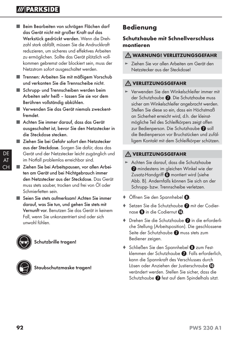 Bedienung | Parkside PWS 230 A1 User Manual | Page 96 / 101
