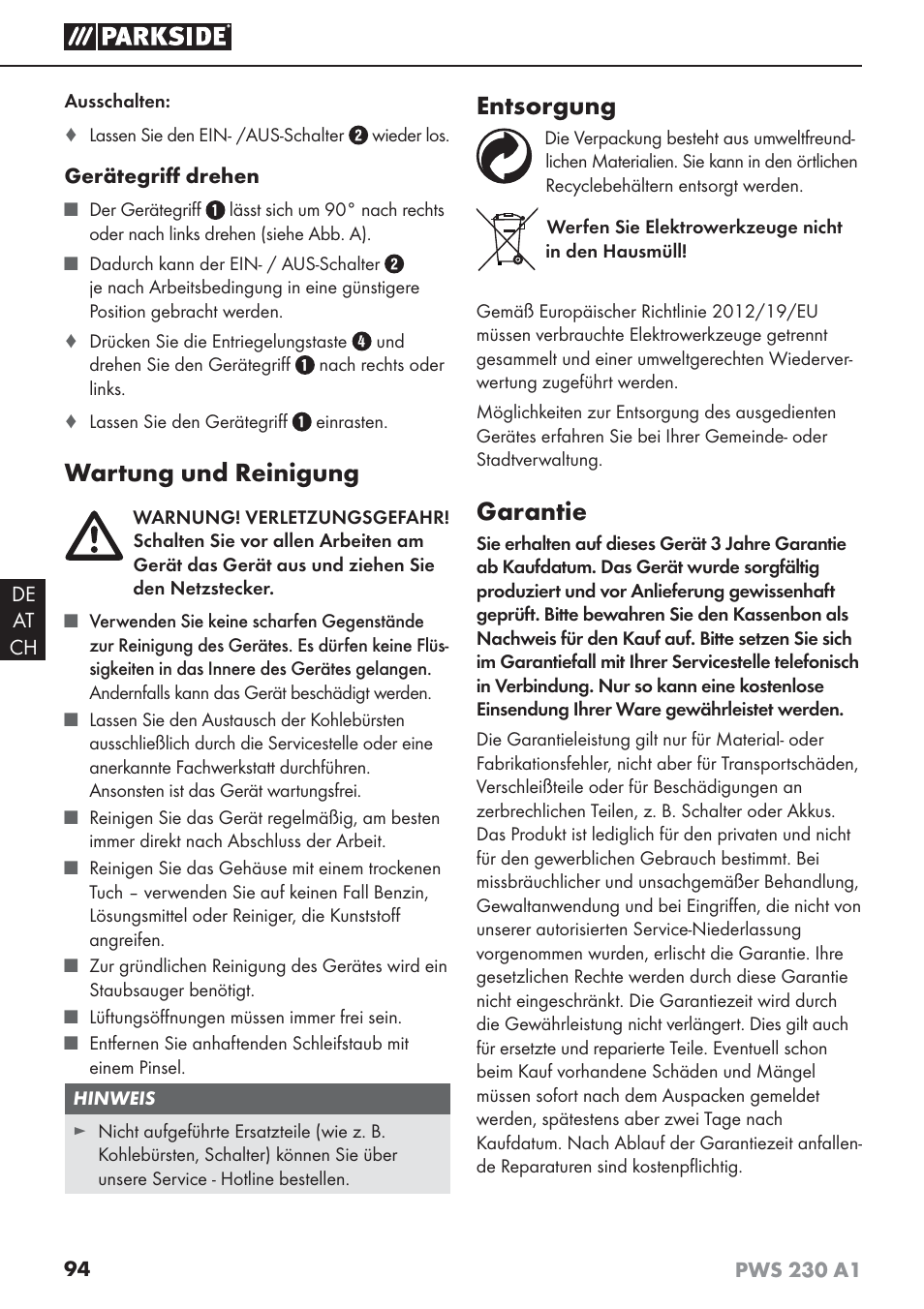 Wartung und reinigung, Entsorgung, Garantie | Parkside PWS 230 A1 User Manual | Page 98 / 101