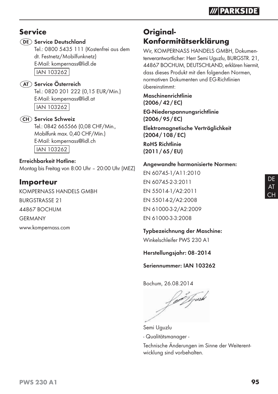 Service, Importeur, Original- konformitätserklärung | Parkside PWS 230 A1 User Manual | Page 99 / 101
