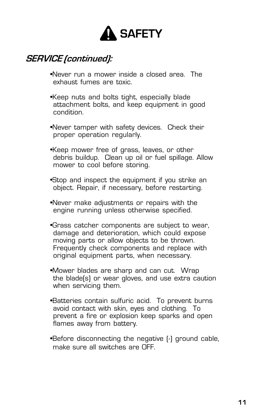 Safety, Service (continued) | Dixon ZTR Classic 13639-0702 User Manual | Page 11 / 44