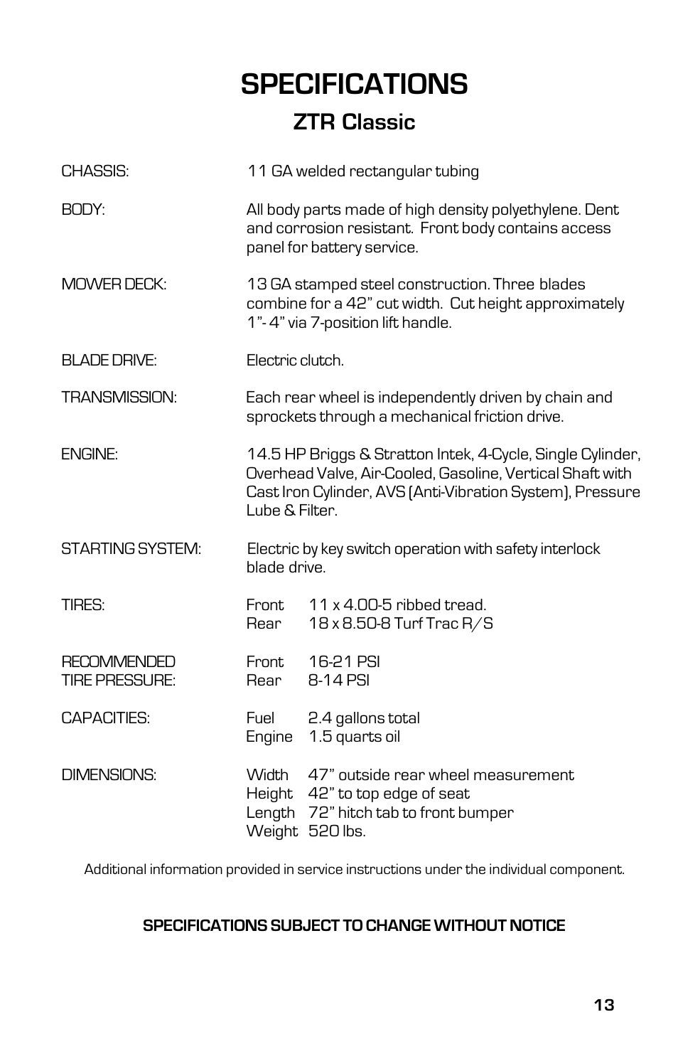 Specifications, Ztr classic | Dixon ZTR Classic 13639-0702 User Manual | Page 13 / 44
