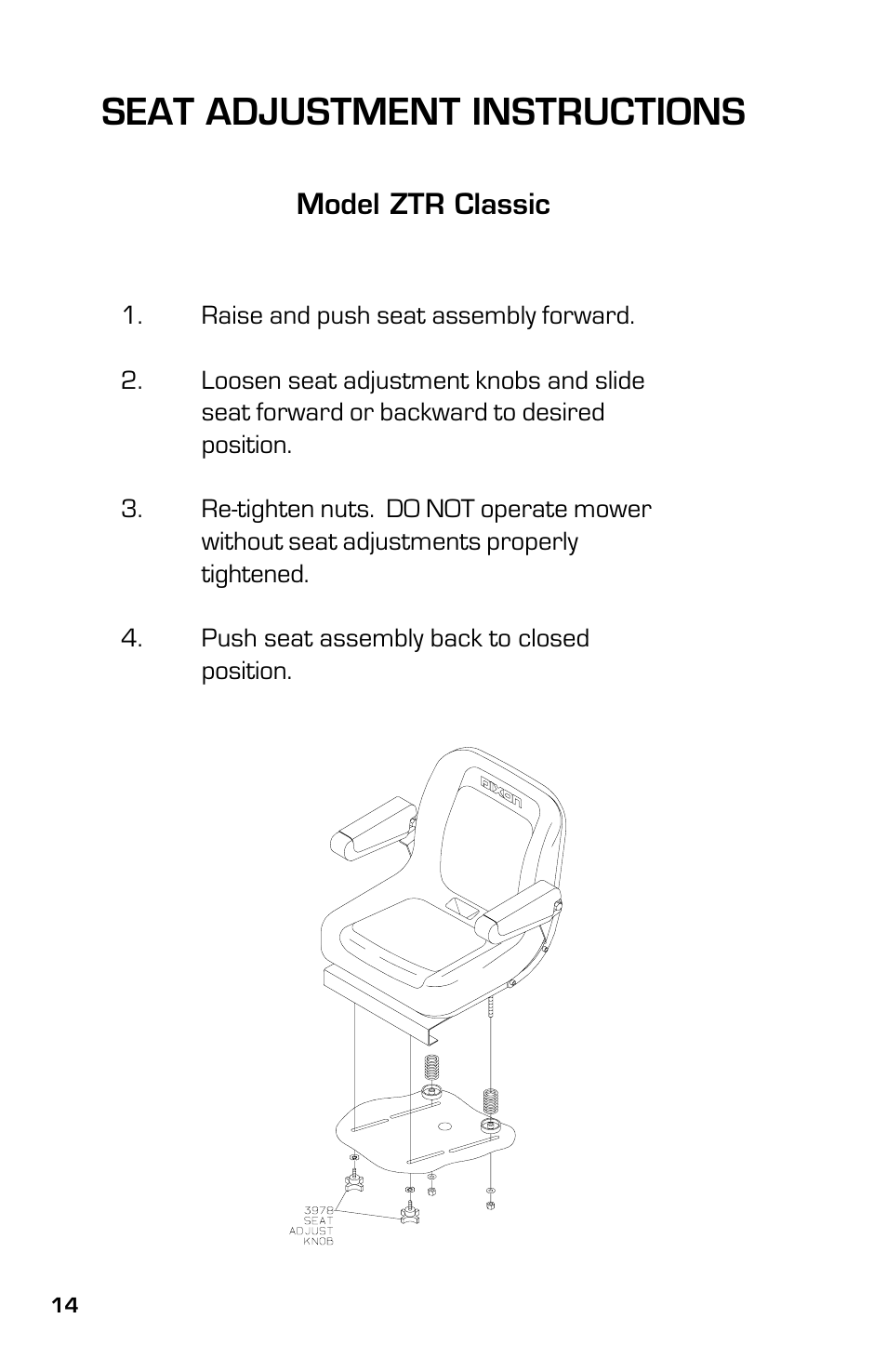 Seat adjustment instructions, Model ztr classic | Dixon ZTR Classic 13639-0702 User Manual | Page 14 / 44