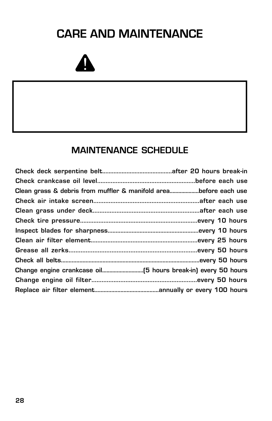 Maintenance schedule | Dixon ZTR Classic 13639-0702 User Manual | Page 28 / 44