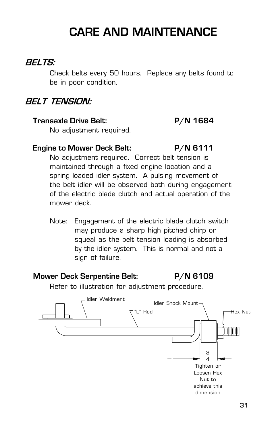 Care and maintenance, Belts, Belt tension | Dixon ZTR Classic 13639-0702 User Manual | Page 31 / 44