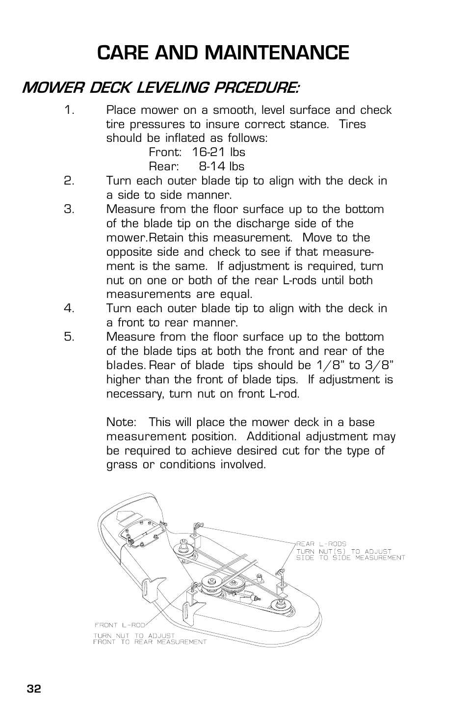 Care and maintenance, Mower deck leveling prcedure | Dixon ZTR Classic 13639-0702 User Manual | Page 32 / 44