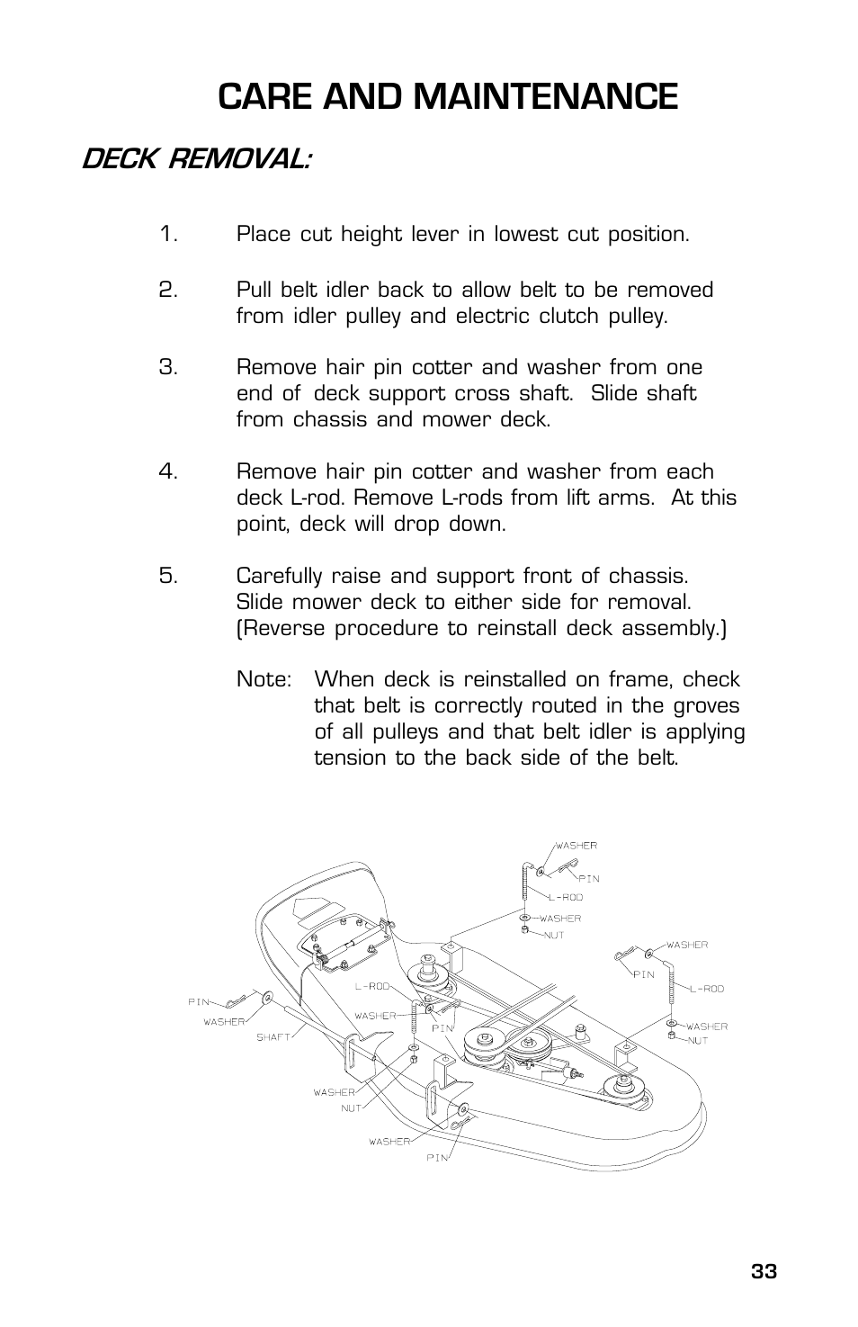 Care and maintenance, Deck removal | Dixon ZTR Classic 13639-0702 User Manual | Page 33 / 44