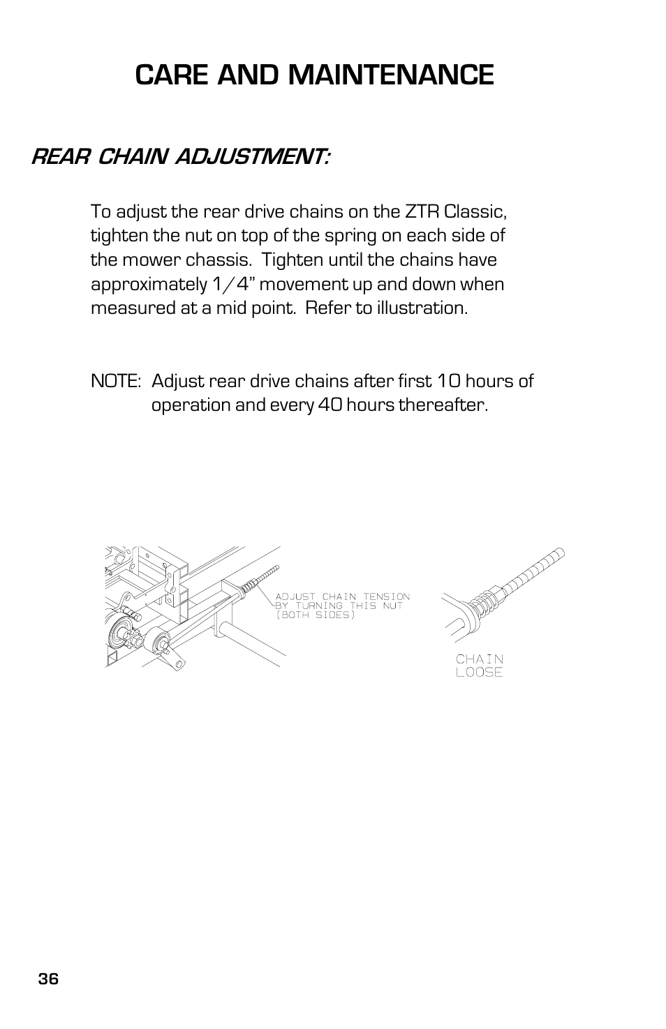 Care and maintenance | Dixon ZTR Classic 13639-0702 User Manual | Page 36 / 44