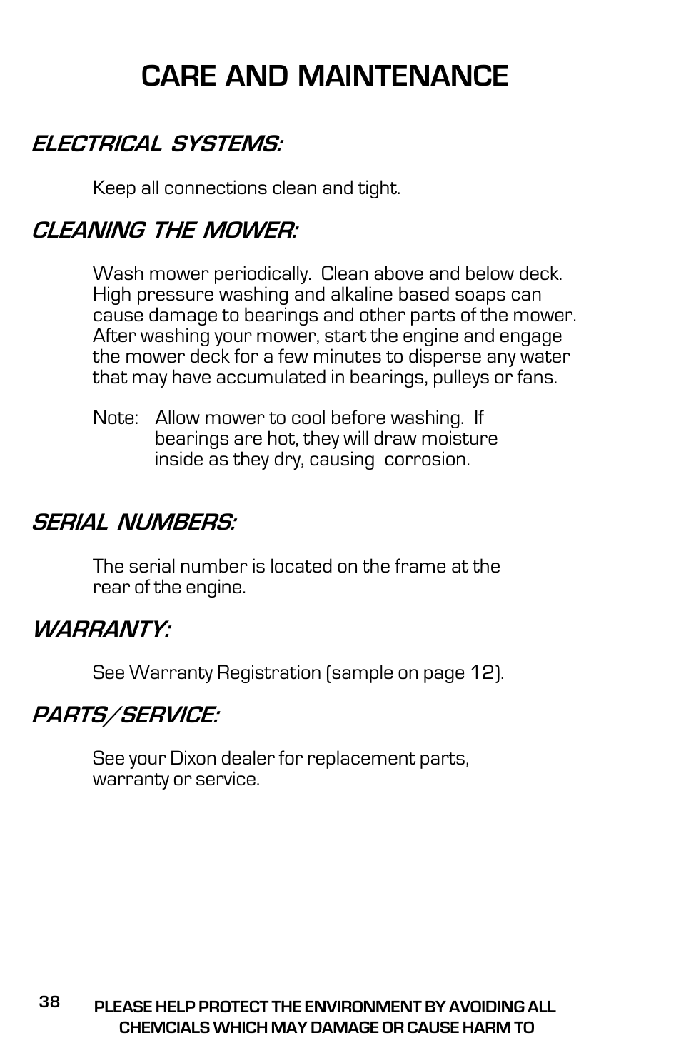 Care and maintenance, Electrical systems, Cleaning the mower | Serial numbers, Warranty, Parts/service | Dixon ZTR Classic 13639-0702 User Manual | Page 38 / 44