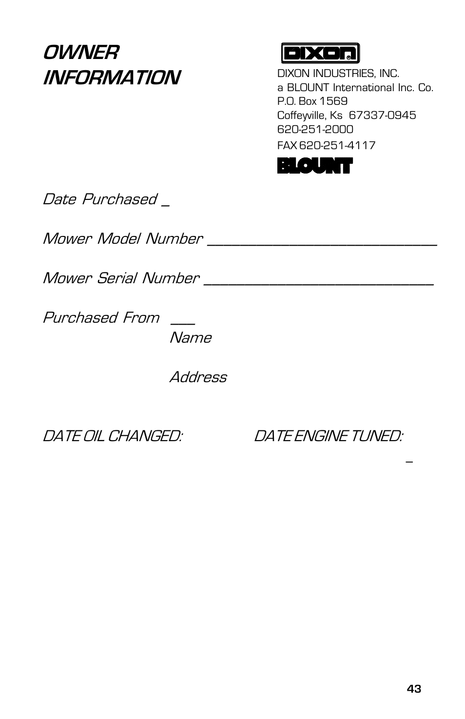 Owner information | Dixon ZTR Classic 13639-0702 User Manual | Page 43 / 44