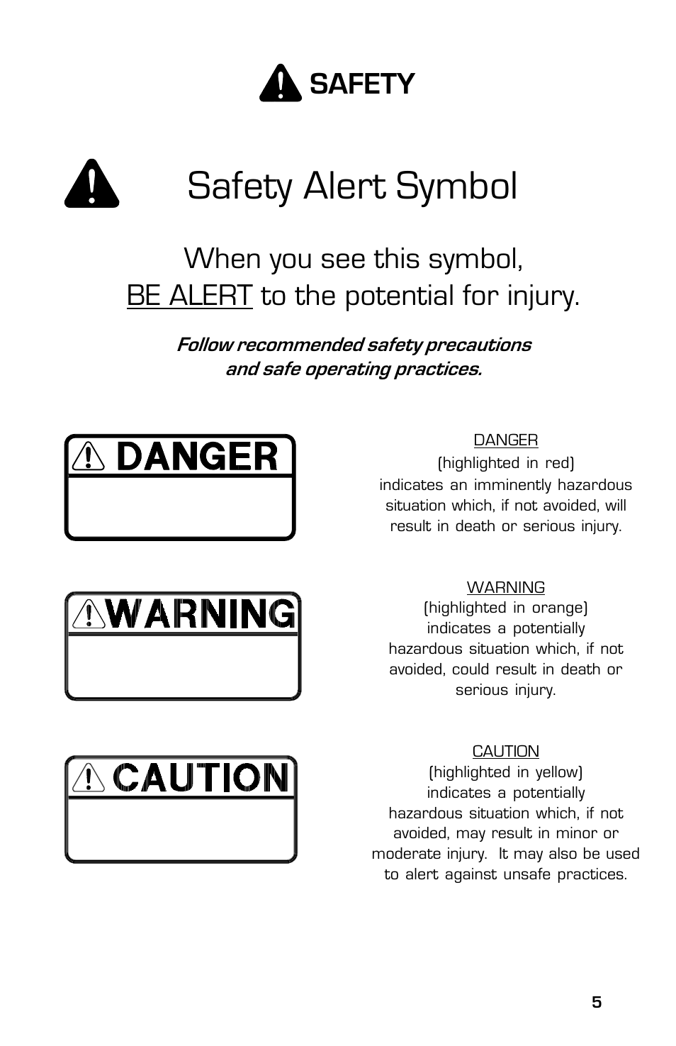 Safety alert symbol, Safety | Dixon ZTR Classic 13639-0702 User Manual | Page 5 / 44