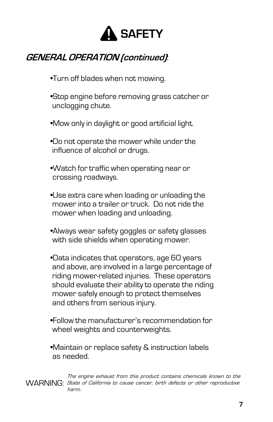 Safety, General operation (continued) | Dixon ZTR Classic 13639-0702 User Manual | Page 7 / 44