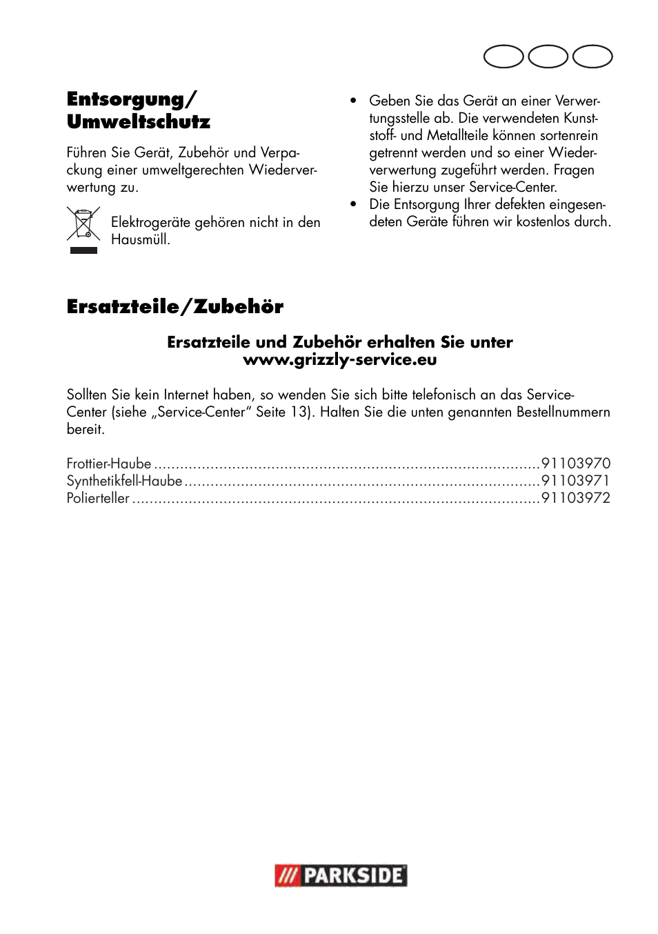 Ersatzteile/zubehör, Entsorgung/ umweltschutz | Parkside PWP 90 B2 User Manual | Page 11 / 50