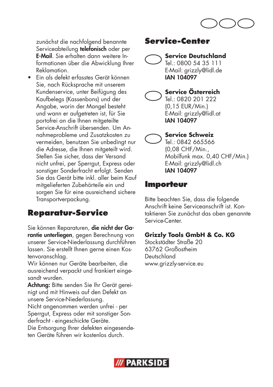 Reparatur-service, Service-center, Importeur | De at ch | Parkside PWP 90 B2 User Manual | Page 13 / 50