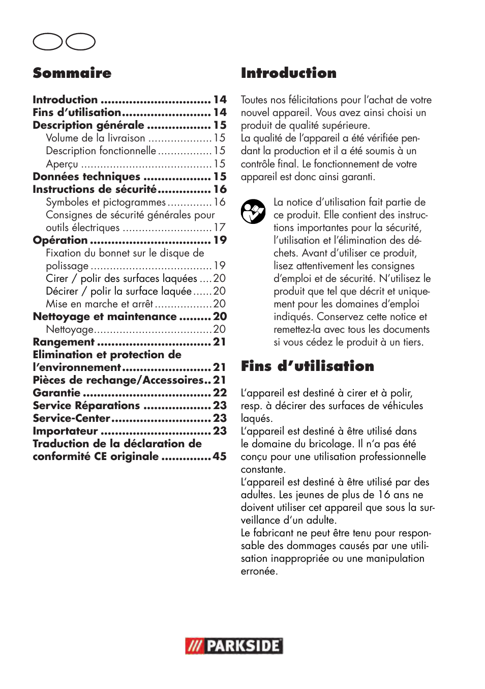 Sommaire, Introduction, Fins d’utilisation | Fr ch | Parkside PWP 90 B2 User Manual | Page 14 / 50