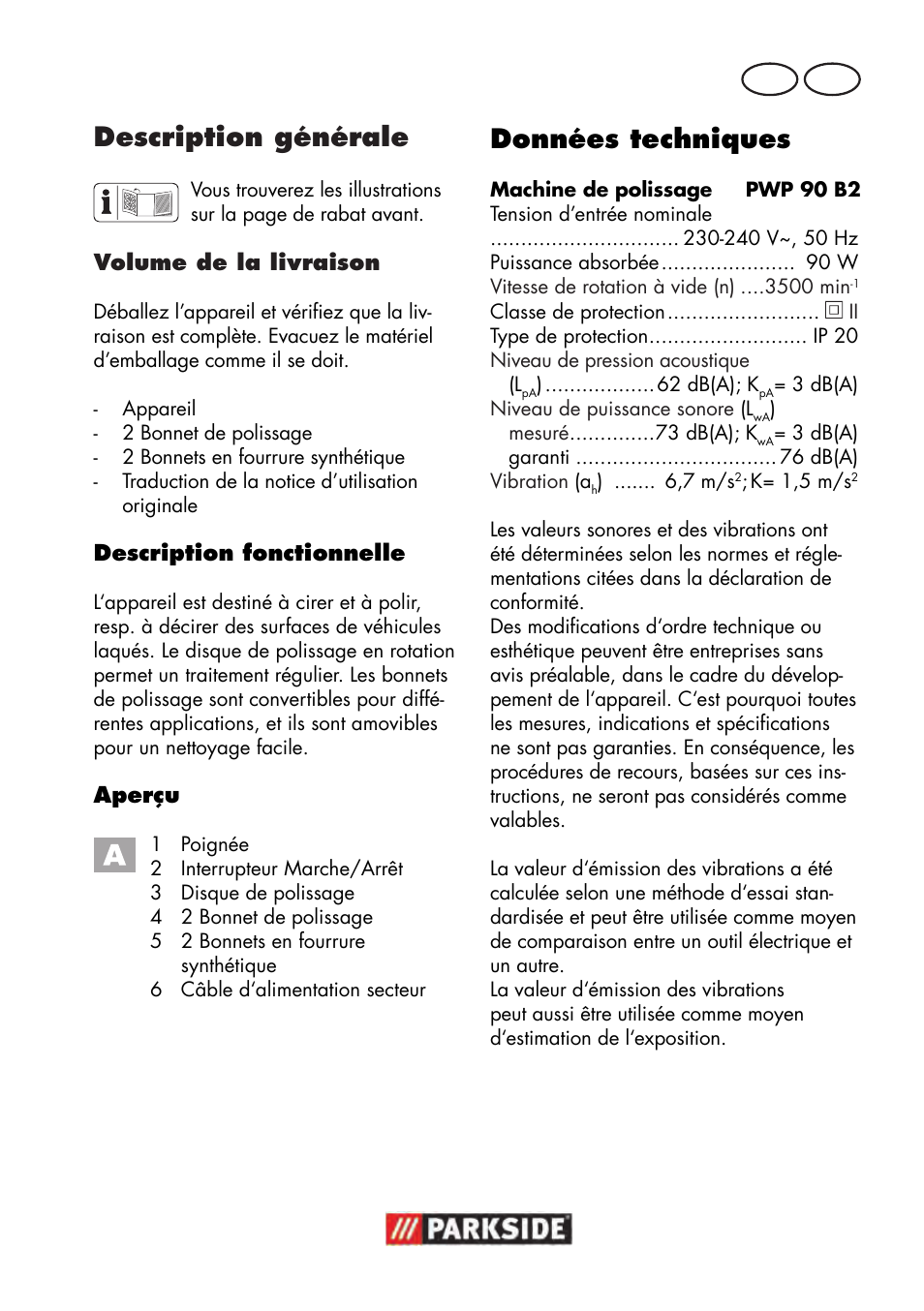 Description générale, Données techniques, Fr ch | Parkside PWP 90 B2 User Manual | Page 15 / 50