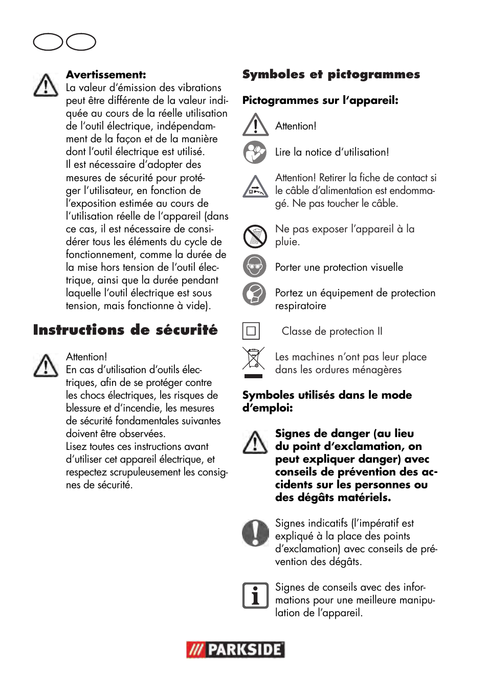 Instructions de sécurité, Fr ch | Parkside PWP 90 B2 User Manual | Page 16 / 50