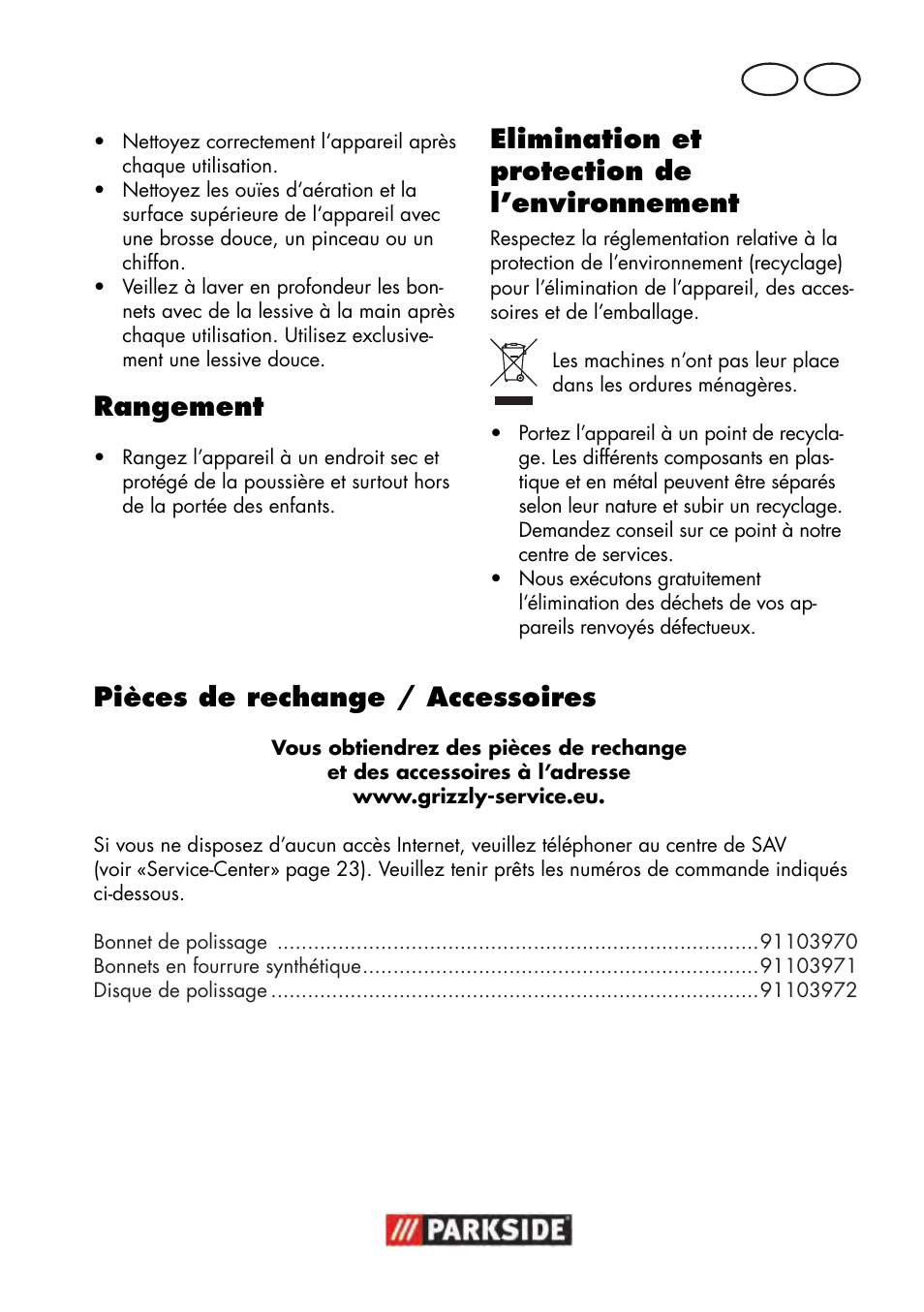 Pièces de rechange / accessoires, Rangement, Elimination et protection de l’environnement | Parkside PWP 90 B2 User Manual | Page 21 / 50