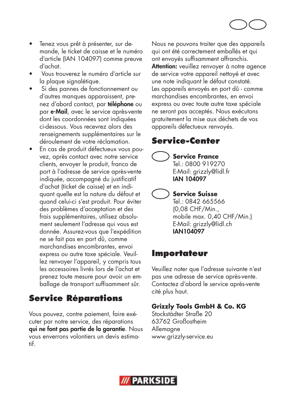 Service réparations, Service-center, Importateur | Fr ch | Parkside PWP 90 B2 User Manual | Page 23 / 50