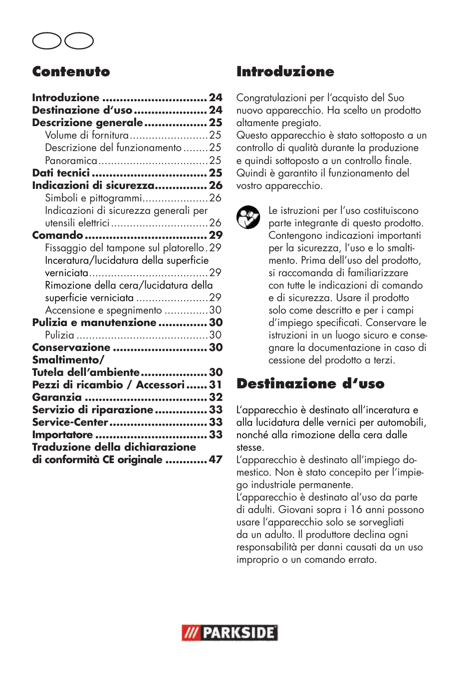 Contenuto, Introduzione, Destinazione d‘uso | It ch | Parkside PWP 90 B2 User Manual | Page 24 / 50