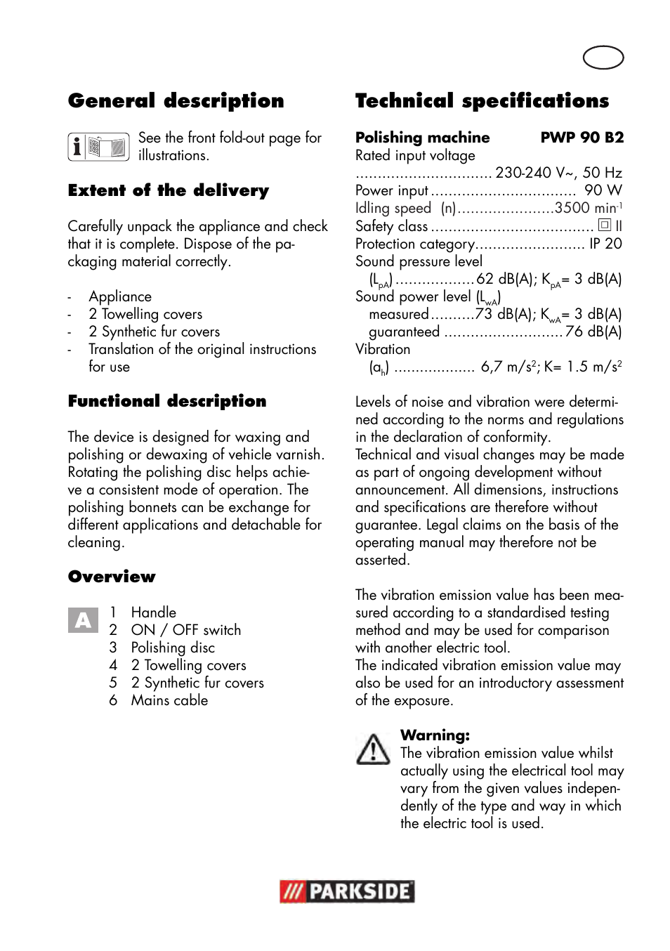 General description, Technical specifications | Parkside PWP 90 B2 User Manual | Page 35 / 50