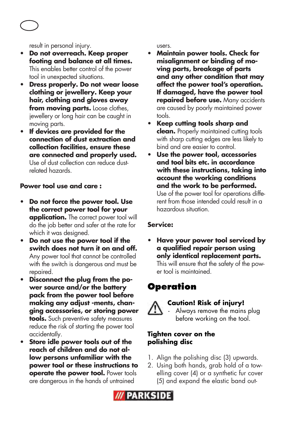 Operation | Parkside PWP 90 B2 User Manual | Page 38 / 50