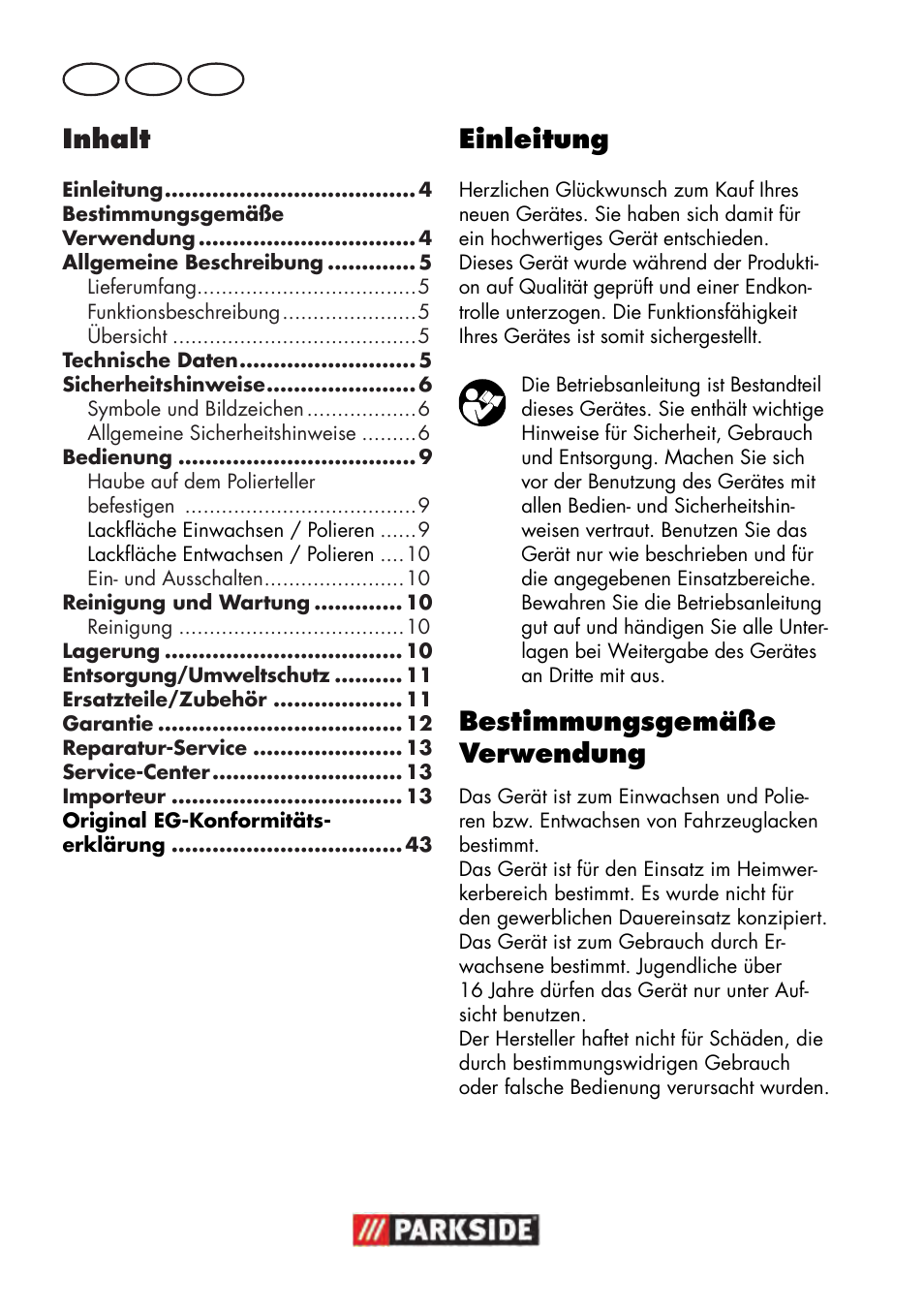 Inhalt, Einleitung, Bestimmungsgemäße verwendung | Parkside PWP 90 B2 User Manual | Page 4 / 50