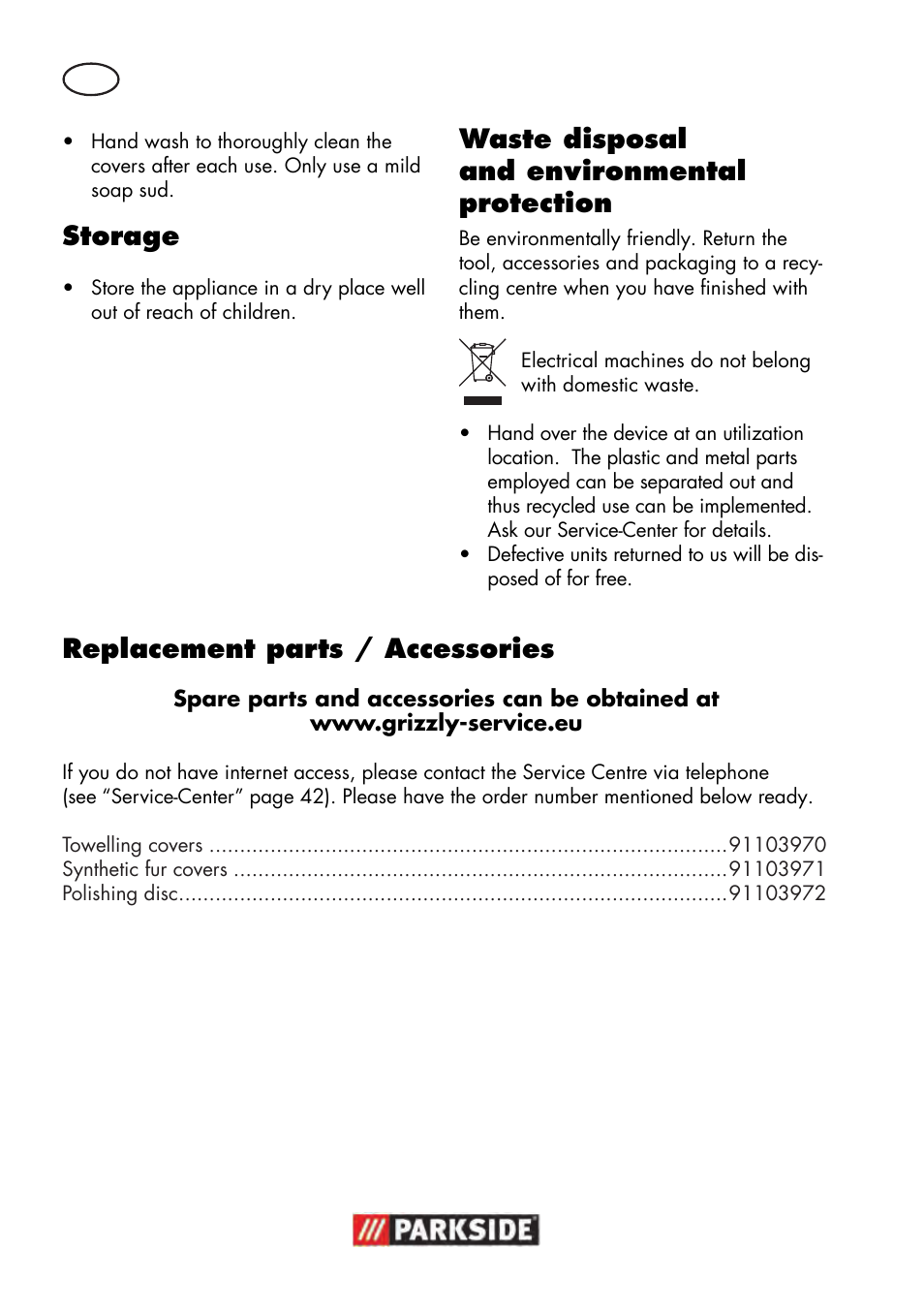 Storage, Waste disposal and environmental protection, Replacement parts / accessories | Parkside PWP 90 B2 User Manual | Page 40 / 50