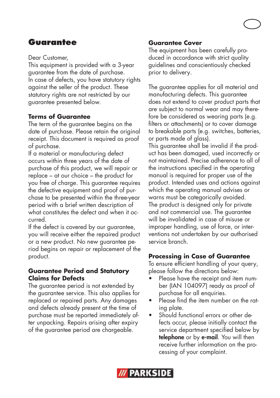 Guarantee | Parkside PWP 90 B2 User Manual | Page 41 / 50