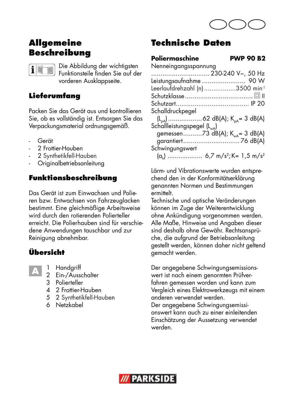 Allgemeine beschreibung, Technische daten, De at ch | Parkside PWP 90 B2 User Manual | Page 5 / 50