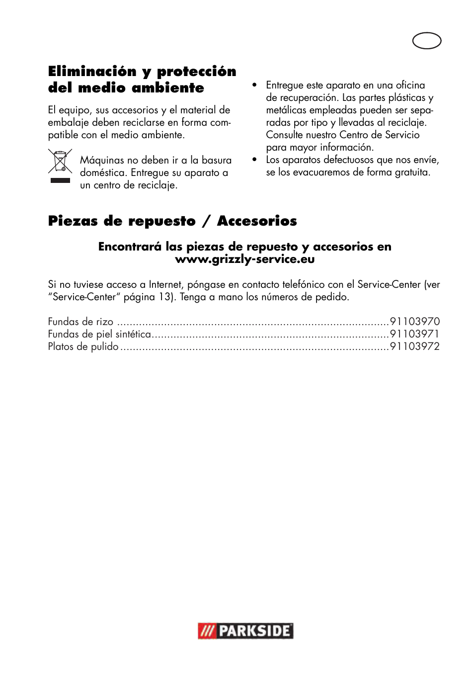 Piezas de repuesto / accesorios, Eliminación y protección del medio ambiente | Parkside PWP 90 B2 User Manual | Page 11 / 58