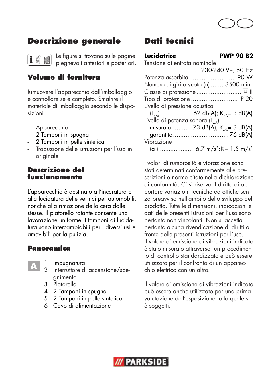Descrizione generale, Dati tecnici, It mt | Parkside PWP 90 B2 User Manual | Page 15 / 58