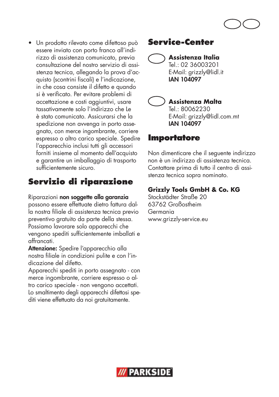 Servizio di riparazione, Service-center, Importatore | Parkside PWP 90 B2 User Manual | Page 23 / 58