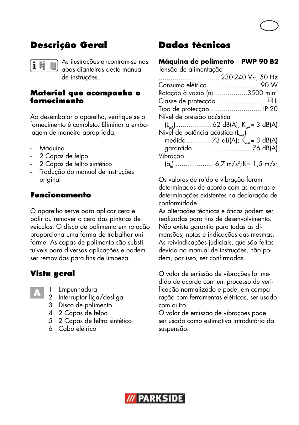 Descrição geral, Dados técnicos | Parkside PWP 90 B2 User Manual | Page 25 / 58
