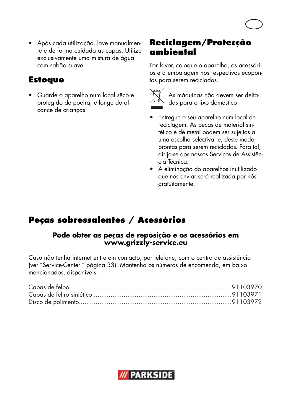 Peças sobressalentes / acessórios, Estoque, Reciclagem/protecção ambiental | Parkside PWP 90 B2 User Manual | Page 31 / 58