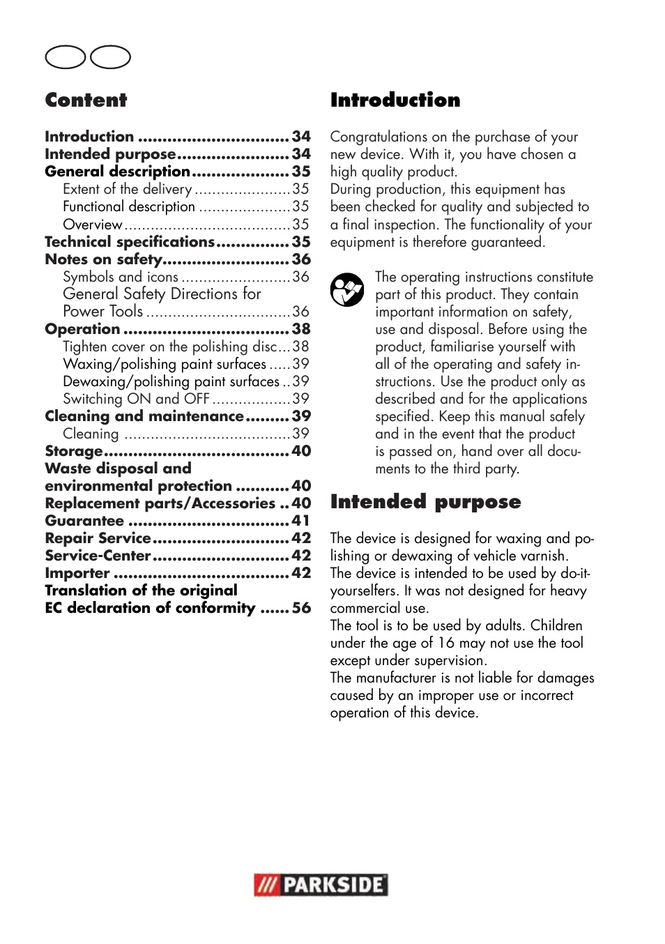 Content, Introduction, Intended purpose | Gb mt | Parkside PWP 90 B2 User Manual | Page 34 / 58
