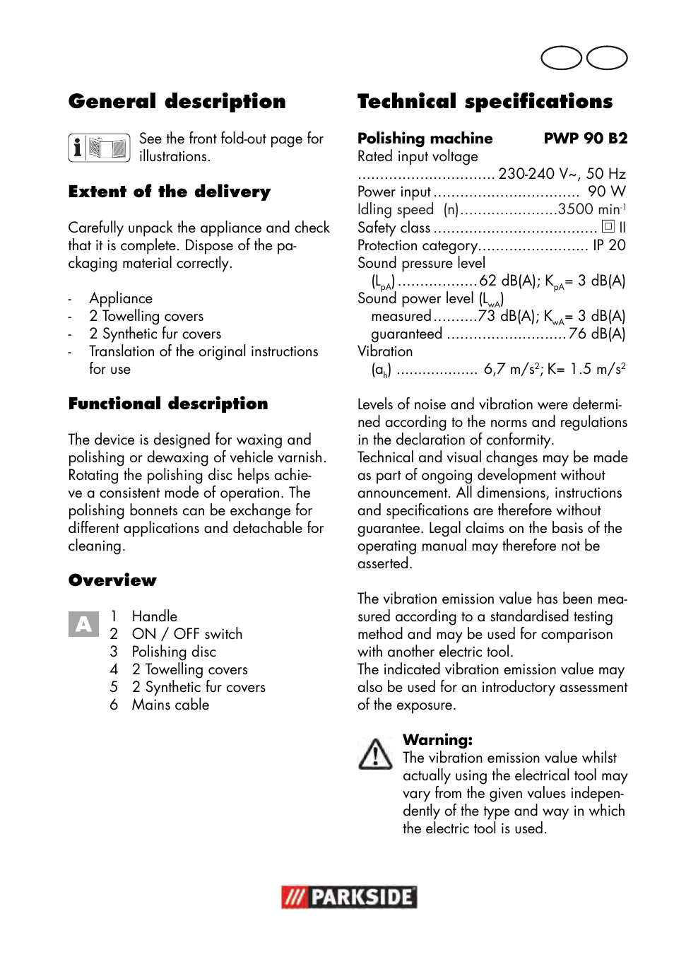 General description, Technical specifications, Gb mt | Parkside PWP 90 B2 User Manual | Page 35 / 58