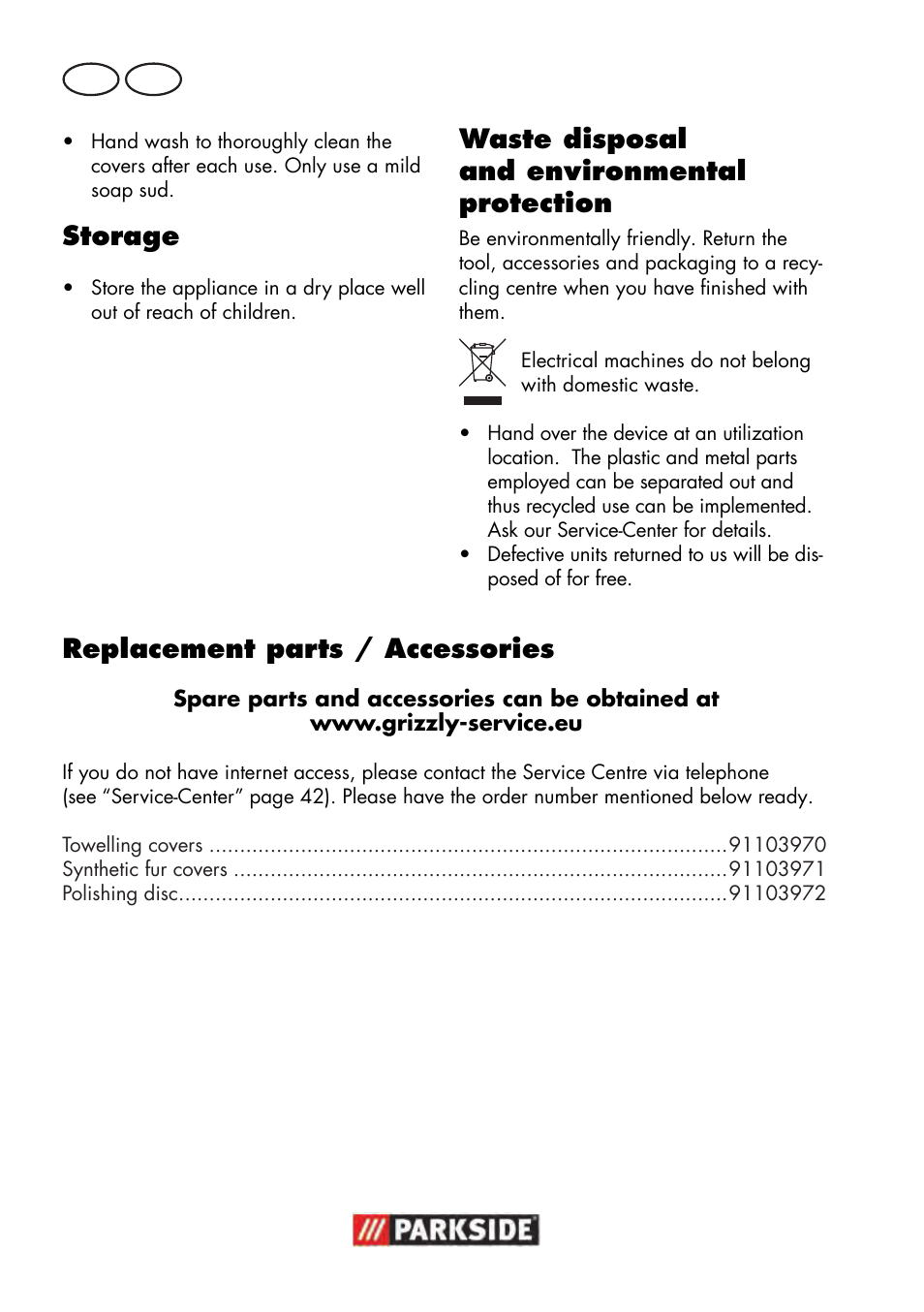 Storage, Waste disposal and environmental protection, Replacement parts / accessories | Parkside PWP 90 B2 User Manual | Page 40 / 58