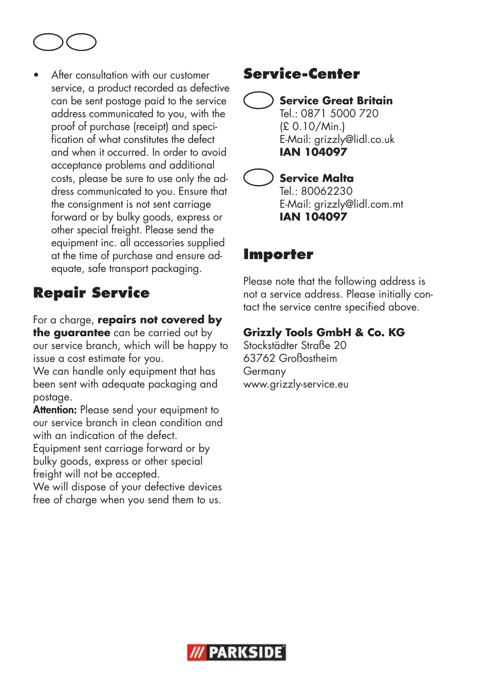 Repair service, Service-center, Importer | Parkside PWP 90 B2 User Manual | Page 42 / 58