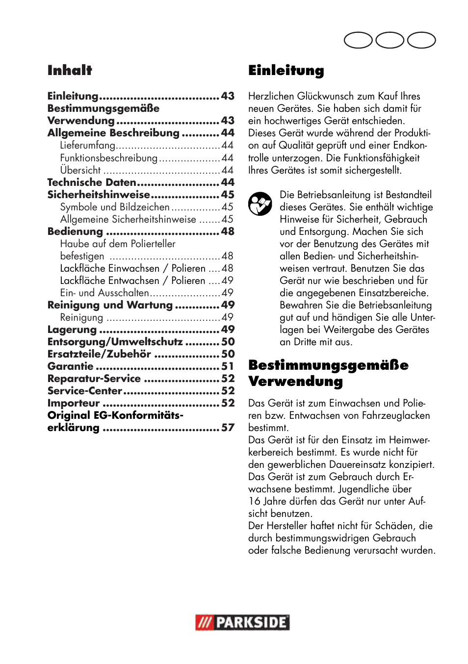 Inhalt, Einleitung, Bestimmungsgemäße verwendung | De at ch | Parkside PWP 90 B2 User Manual | Page 43 / 58