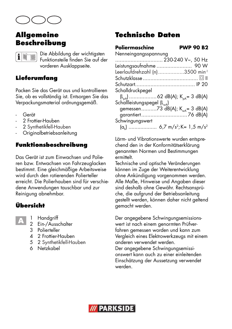 Allgemeine beschreibung, Technische daten, De at ch | Parkside PWP 90 B2 User Manual | Page 44 / 58