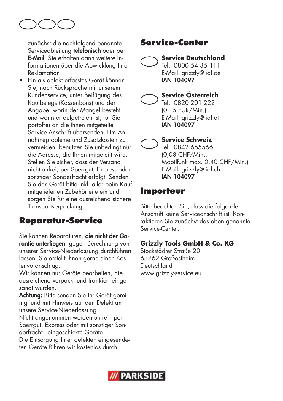 Reparatur-service, Service-center, Importeur | De at ch | Parkside PWP 90 B2 User Manual | Page 52 / 58
