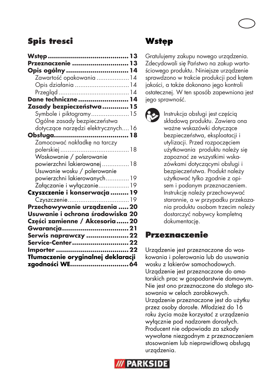 Spis tresci, Wstęp, Przeznaczenie | Parkside PWP 90 B2 User Manual | Page 13 / 70