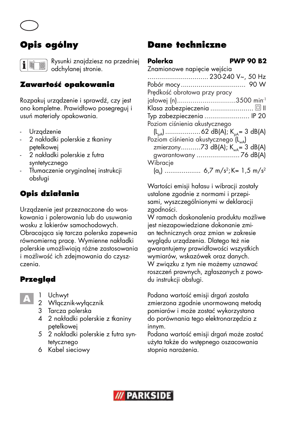 Opis ogólny, Dane techniczne | Parkside PWP 90 B2 User Manual | Page 14 / 70