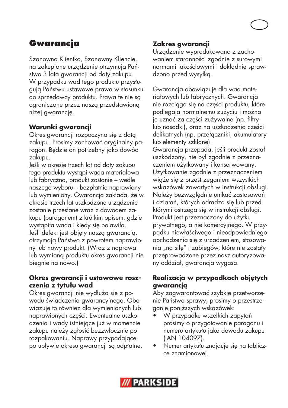 Gwarancja | Parkside PWP 90 B2 User Manual | Page 21 / 70