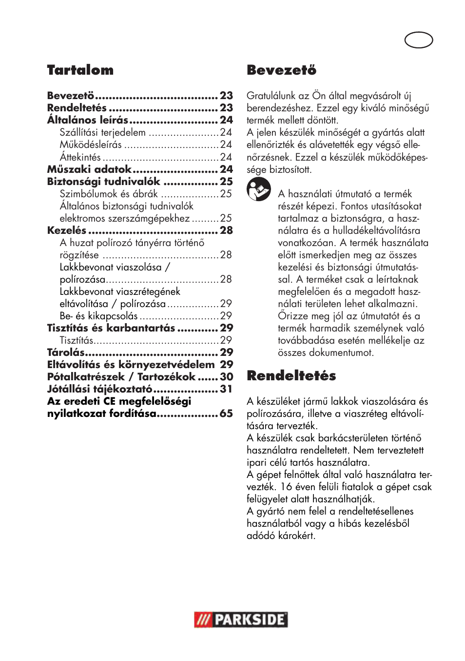 Tartalom, Bevezető, Rendeltetés | Parkside PWP 90 B2 User Manual | Page 23 / 70