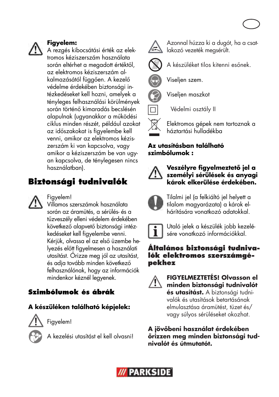 Biztonsági tudnivalók | Parkside PWP 90 B2 User Manual | Page 25 / 70