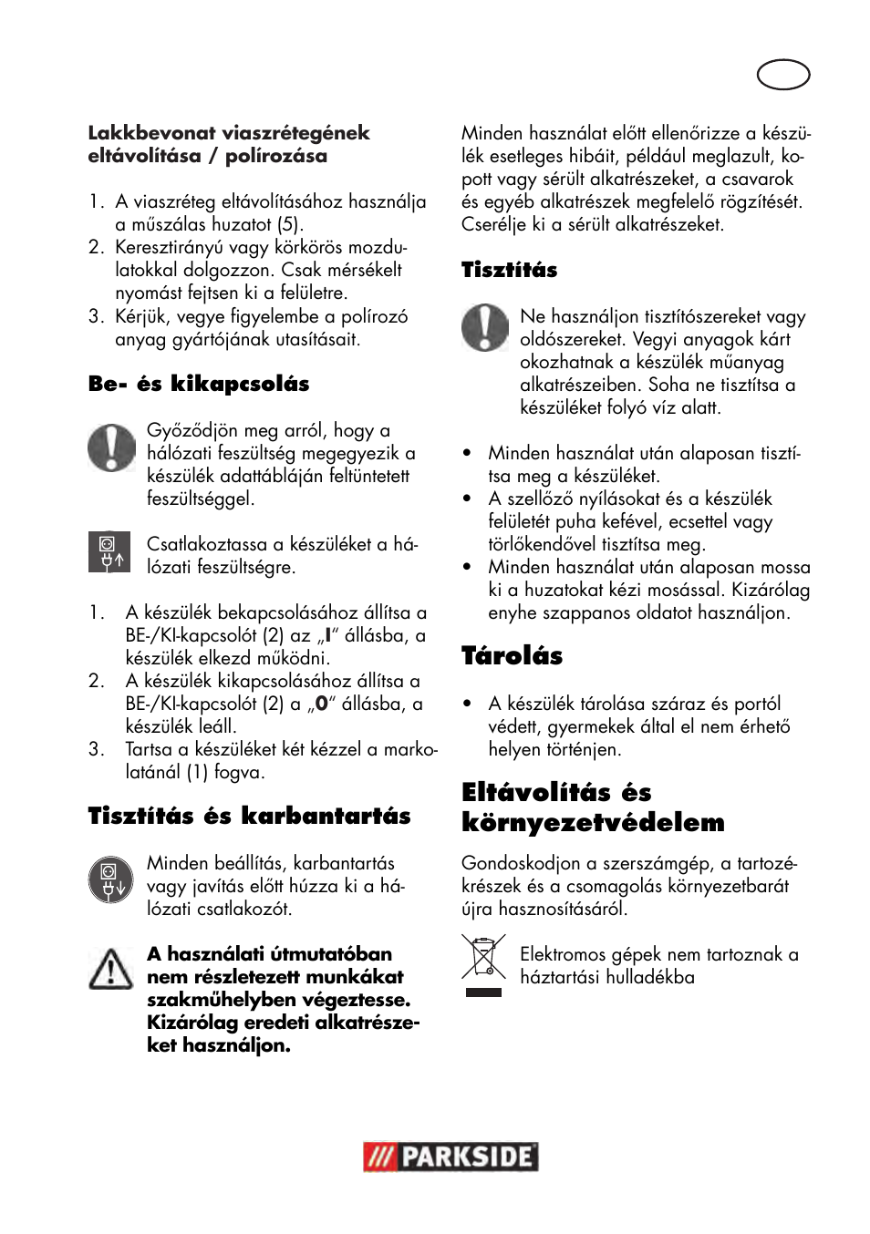 Tárolás, Eltávolítás és környezetvédelem, Tisztítás és karbantartás | Parkside PWP 90 B2 User Manual | Page 29 / 70