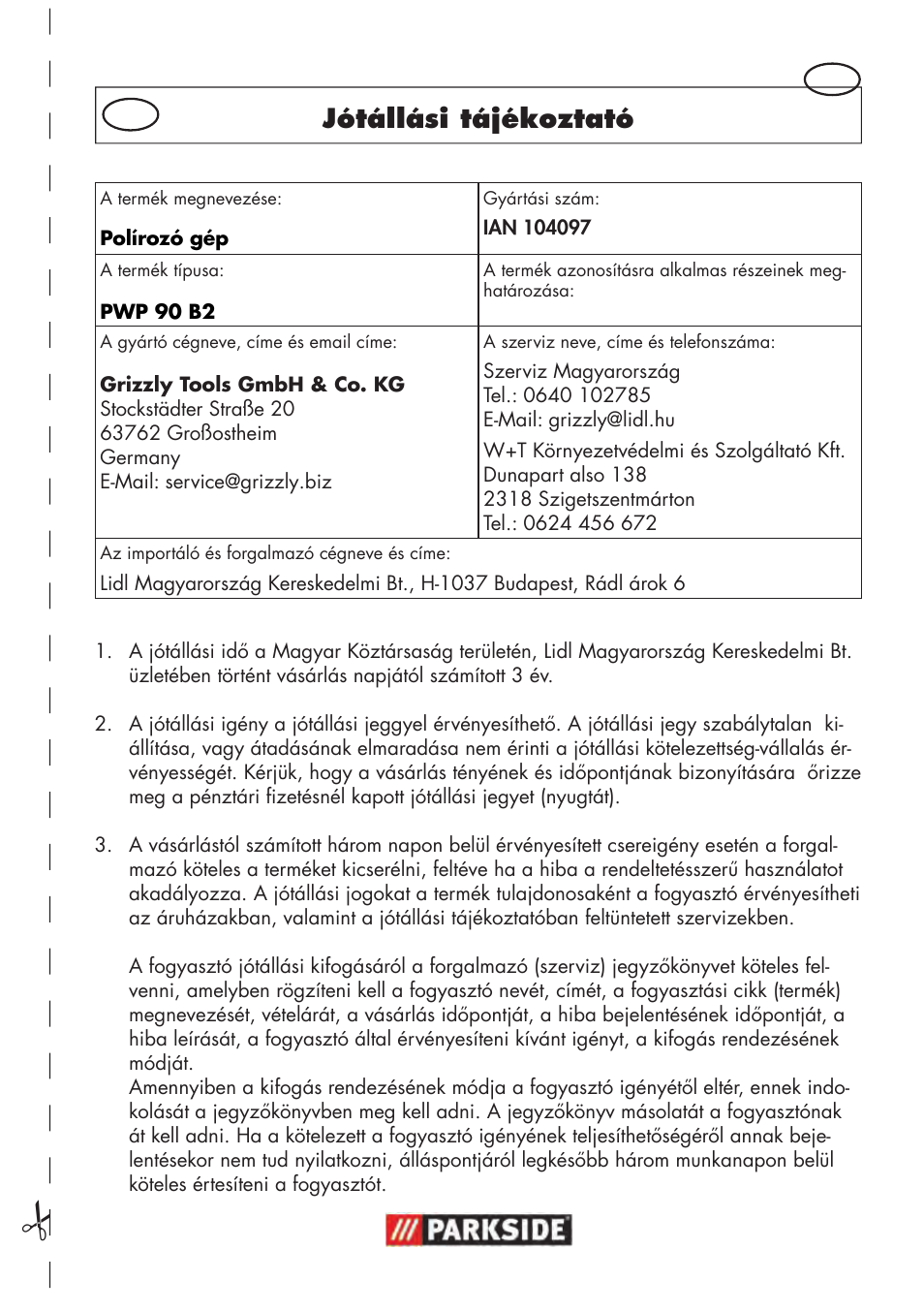 Jótállási tájékoztató | Parkside PWP 90 B2 User Manual | Page 31 / 70