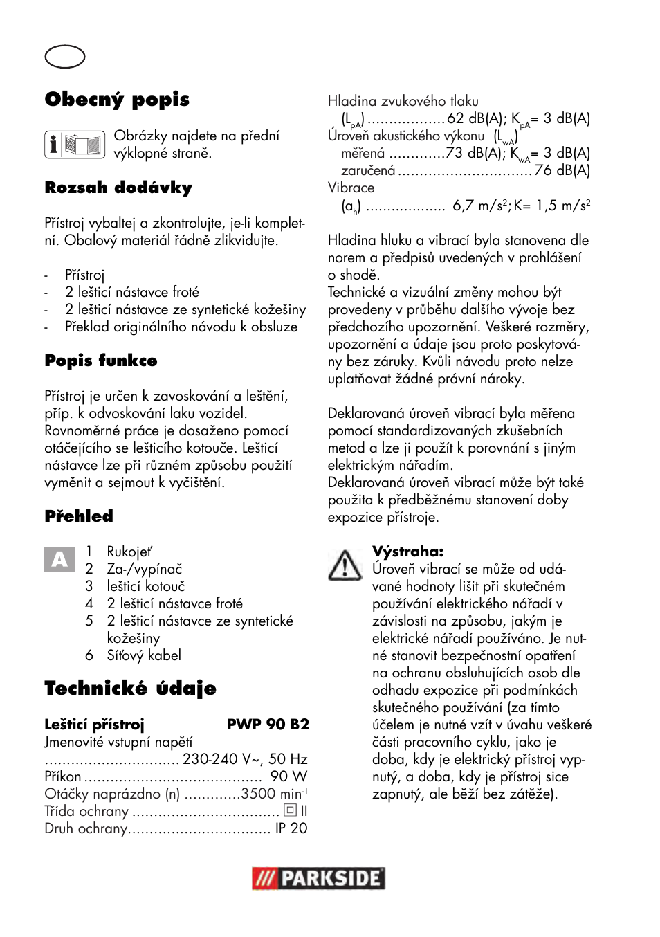 Obecný popis, Technické údaje | Parkside PWP 90 B2 User Manual | Page 34 / 70